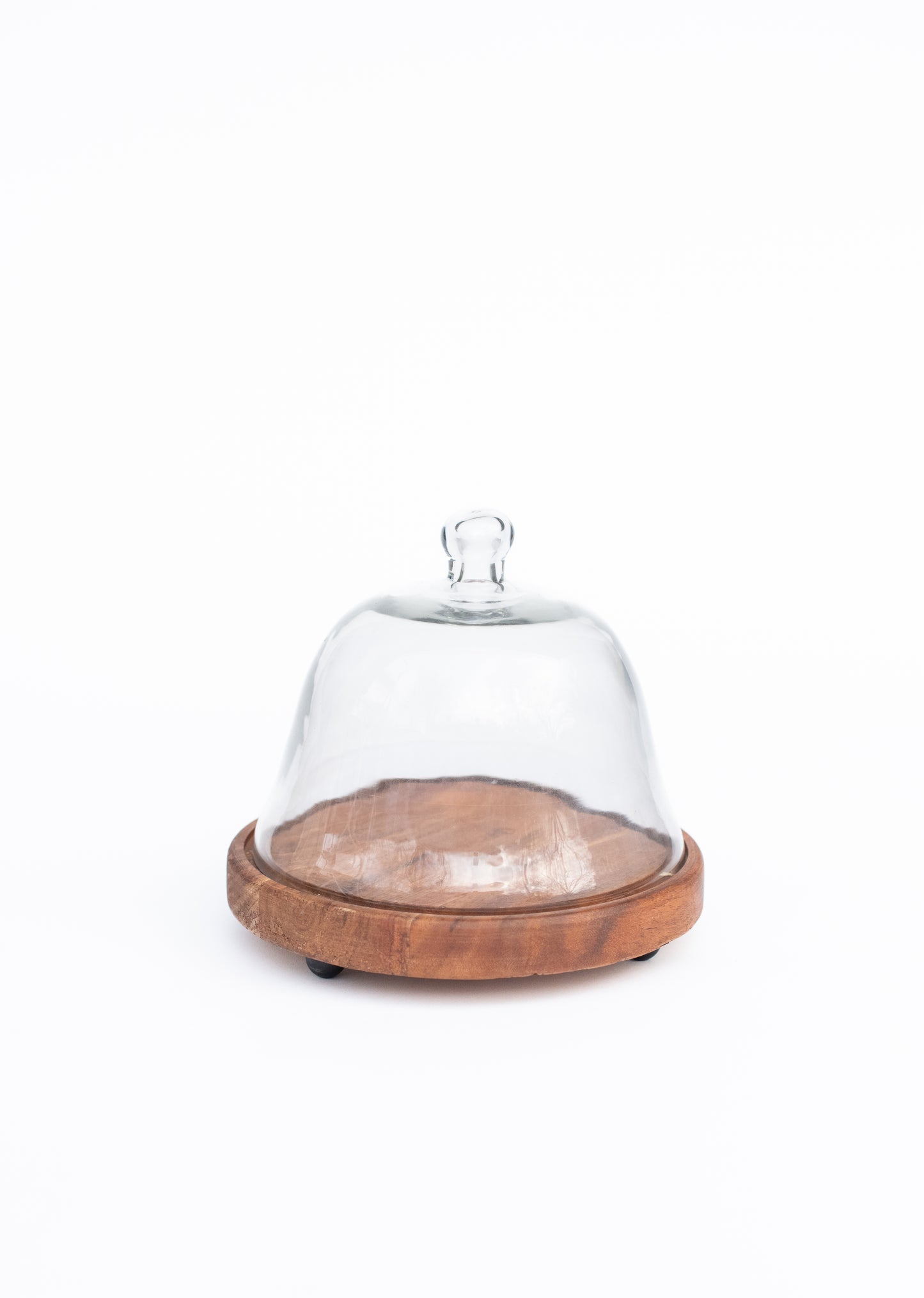 Glass and wood dome cake stand