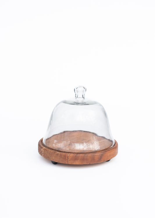Glass and wood dome cake stand